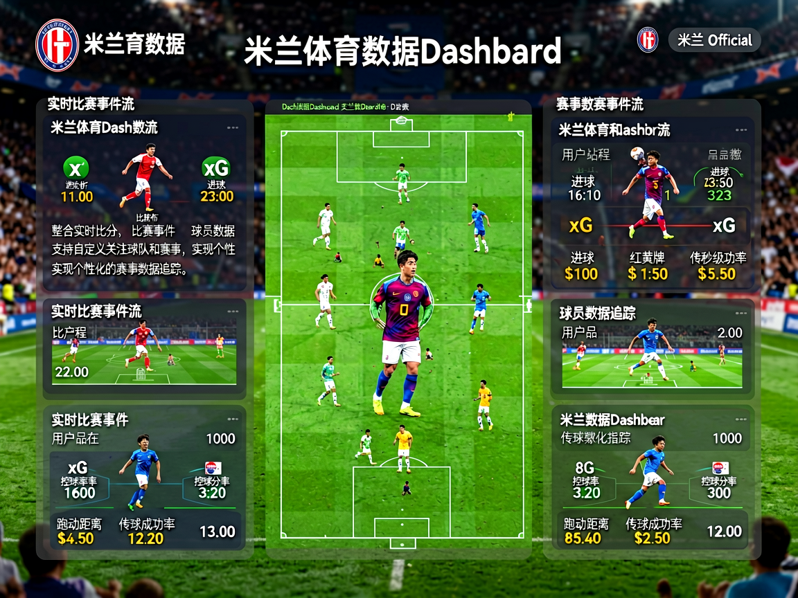 米兰体育数据Dashboard界面，展示实时比赛数据和球员统计图表